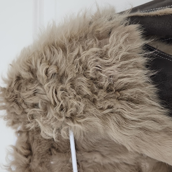 NWT Real Rabbit Leather and Shearling Jacket Real Wool Fur Collar Brown Coat - Picture 4 of 10